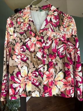 Laura Ashley petite Floral Jean Jacket in Pink, Brown & White